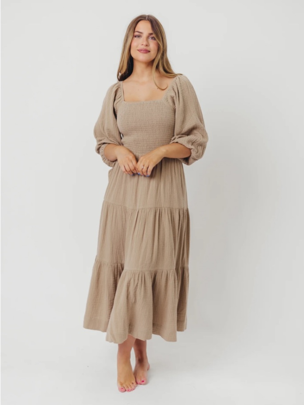 Square-Neck Tiered Midi Dress in Taupe